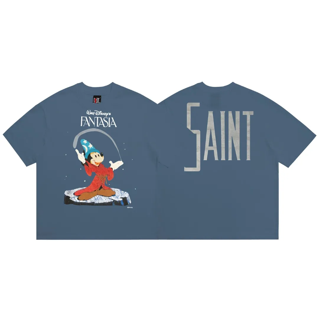 Saint Michael fantasy magic FANTASIA Mickey printed retro Vintage loose short-sleeved digital white ink direct spray, the fabric is breathable and the pattern is three-dimensional and clear. Fabric: Double yarn 240g Style number: S909 Size: S-M-L-XL Color: Blue Price: P110